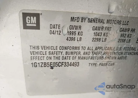 2012 Chevrolet Malibu Ls из США, поврежденный, VIN 1G1ZB5E05CF334493